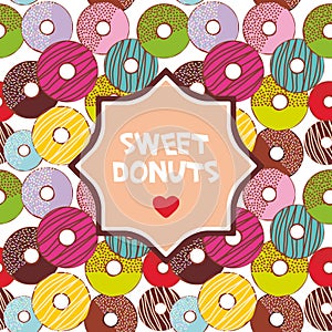 Sweet donuts set with icing and sprinkls, white background, pastel colors frame for text. Vector