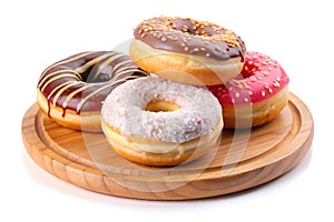 Sweet donuts on a table cloth isolated on white background