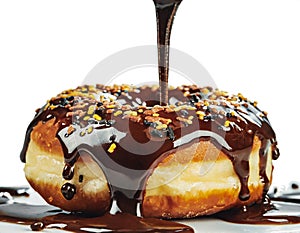 Sweet doughnut with melting chocolate topping and crunchy sprinkles isolated on white background