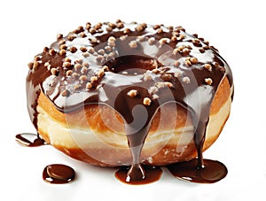 Sweet doughnut with melting chocolate topping and crunchy sprinkles isolated on white background