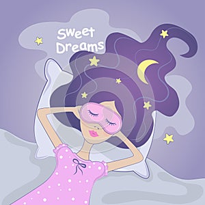 Sweet dream girl. Vector illustration. Goodnight.