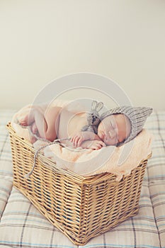 Sweet dream newborn baby in a big basket