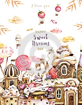 Sweet dream watercolor illustration. Confectionery. A fun holiday. Castle cake, caramel, candy, balloons, cake