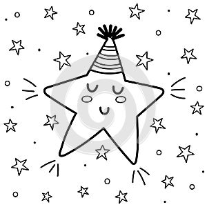 Sweet dreams coloring page with a cute sleeping star. Black and white fantasy background