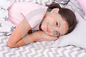 Sweet dreams. Girl happy child lay bed pillow and blanket bedroom. Lullaby concept. Ways to fall asleep faster. Fall