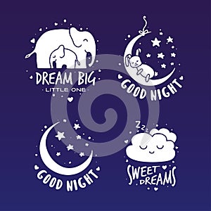 Sweet dreams good night typography set. Vector vintage illustration.