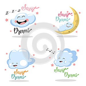Sweet Dreams lettering, cute cartoon clouds, moon and star. Vector