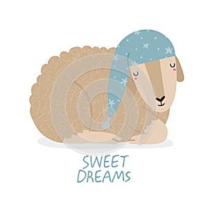 Sweet Dreams lettering quote and cute sheep character wearing nightcap isolated on white