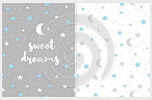 Sweet Dreams. Lovely Nusery Art with White, Blue and Gray Stars and Moon.