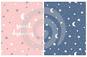 Sweet Dreams. Lovely Nusery Art with White Hand Drawn Stars and Moon.