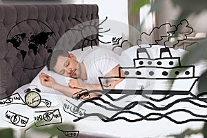 Sweet dreams. Man sleeping. Ship, money and other illustrations on foreground