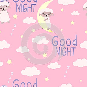 Sweet dreams seamless pattern for bedding on pink background with cute sheep slepping on moon, clouds and stars around