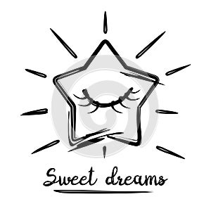 Sweet dreams. Stylized sleeping star with a closed eye, hand drawing, doodle style
