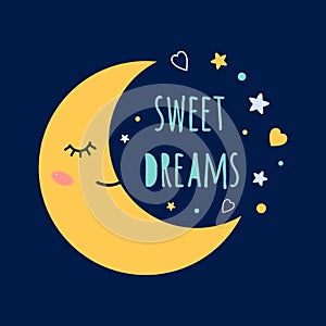 Sweet dreams text on darkness background Sleep moon with eyes on the sky around the stars Print Cute card banner logo