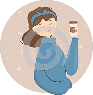 A sweet dreamy girl in a winter sweater with a cup of hot drink in her hand on a snowy background in calm fashionable tones.