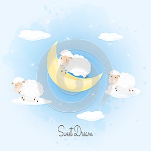 Sweet dream text with sheep jumping on cloud hand drawn illustration