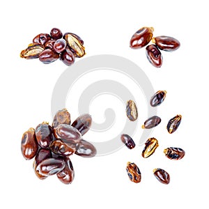 Sweet dried brown dates set isolated on white background.