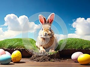 a sweet easter bunny surrounded by painted easter eggs