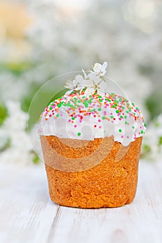 Sweet Easter cake - paska, kulich, decorated with flowers