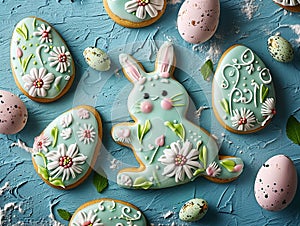 Sweet Easter cookies in the shape of a rabbit with ears, with icing, decorative pattern and spring flowers