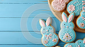 Sweet Easter cookies in the shape of a rabbit with ears, with icing, decorative pattern and spring flowers