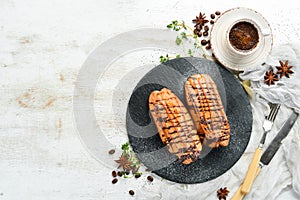 Sweet eclair cake with chocolate. Baking. Top view