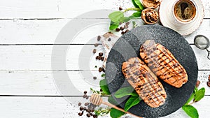 Sweet eclair cake with chocolate. Baking.