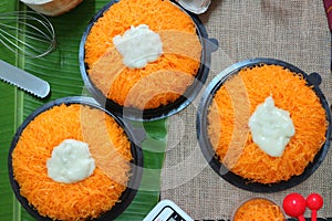 Sweet egg cake or fios de ovos, sweet coconut cream cake Sweets for the New Year festival, bakery food, top view