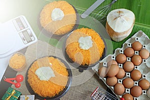Sweet egg, cake line or fios de ovos, sweet cream cake, coconut, egg, banana leaf Candy for the New Year festival Bakery food