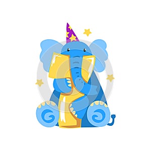Sweet elephant and number seven, Happy birthday, anniversary number with cute animal character vector Illustration on a