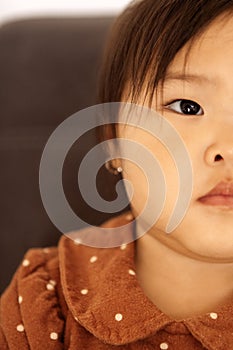 Sweet enthusiastic Korean toddler in a brown dress photo