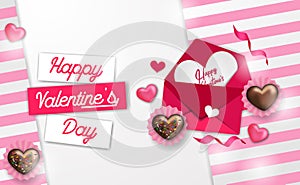 Sweet envelope love letter with 3d realistic heart love for happy valentine`s day greeting card