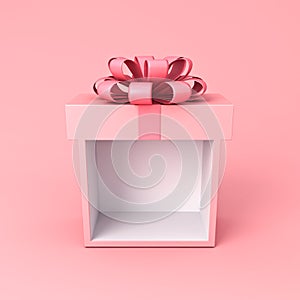 Sweet exhibition booth gift box product display mock up stand with pink ribbon bow on pink pastel color background with