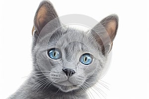 Sweet face portrait of a Russian Blue kitten on a white background