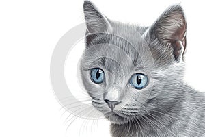 Sweet face portrait of a Russian Blue kitten on a white background, illustration