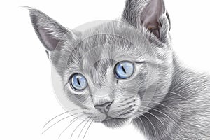 Sweet face portrait of a Russian Blue kitten on a white background, illustration
