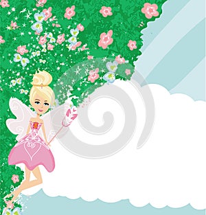 sweet fairy with magic wand - beautiful floral frame