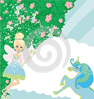 sweet fairy with magic wand and cute unicorn - beautiful floral frame