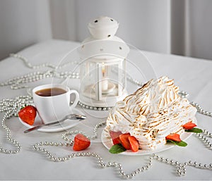 Sweet flambe dessert with strawberry photo