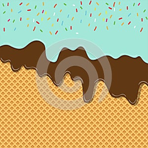 Sweet flavor ice cream texture layer melted on wafer background