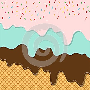 Sweet flavor ice cream texture layer melted on wafer background photo