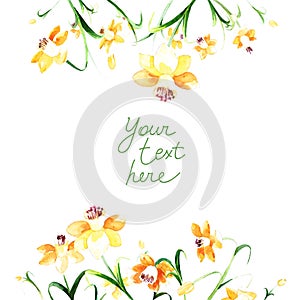 Sweet floral frame with yellow daffodils made in watercolor technique.