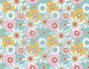 Sweet Floral seamless groovy pattern in retro style. Vintage moodd ,Hand drawn pastel blossom Vector illustration