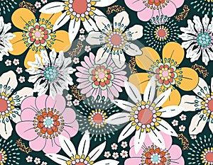 Sweet Floral seamless groovy pattern in retro style. Vintage moodd ,Hand drawn pastel blossom Vector illustration