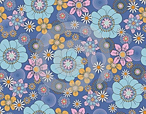 Sweet Floral seamless groovy pattern in retro style. Vintage moodd ,Hand drawn pastel blossom Vector illustration