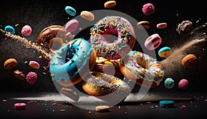 Sweet food background. Set of different glazed donuts. Generative Ai