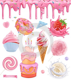 Sweet food. Cake, cupcake, cotton candy, ice cream, strawberry yogurt, donut. Pink glaze seamless pattern. 3d realistic vector set