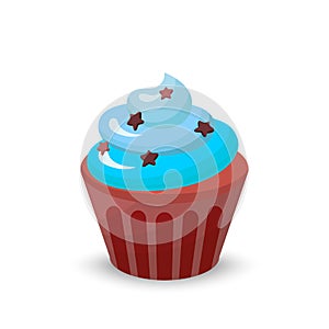 Sweet food chocolate cake. Creamy cupcake isolated on white. Bakery cupcake with cherry. Illustration candy concept