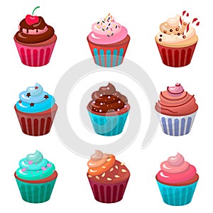 Sweet food chocolate creamy cupcake set isolated vector illustration