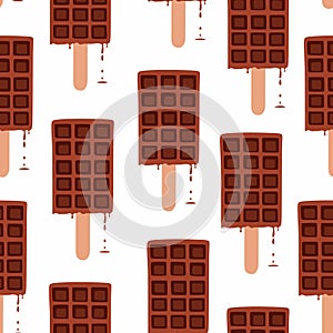 Sweet food and dessert food, vector seamless pattern of homemade corn dog waffle on a stick. Droped chocolate